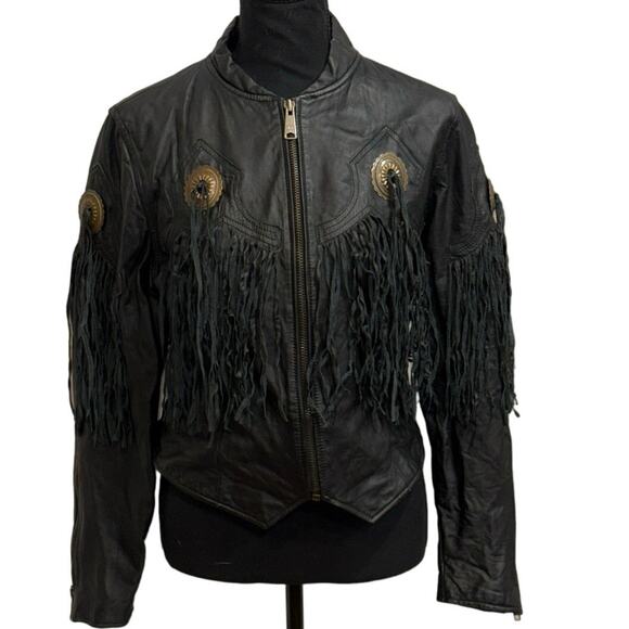 Vintage 70s Pioneer Wear Black Leather Fringe Western Jacket Size 12/ MEDIUM - Picture 16 of 16